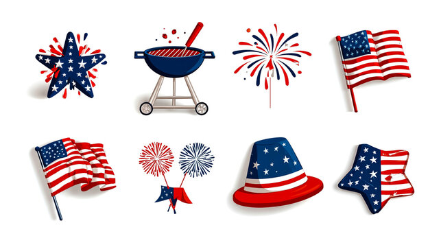 A collection of nine patriotic-themed illustrations including a barbecue grill fireworks a top hat and various American flag designs