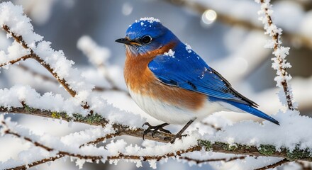 A blue and white bird is perched on a branch covered in snow. Concept of tranquility and peacefulness, as the bird is surrounded by the quiet beauty of a snowy landscape
