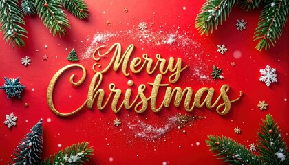  Golden Merry Christmas lettering on bright red background with fir branches, stars and snowflakes, glitter powder and holiday sparkle, festive banner or greeting card template with copy space.