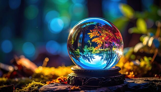 Crystal glass ball with autumn forest reflection on moss in magical bokeh light, fantasy nature background, mystical atmosphere, fall season, dreamy woodland scene for holiday design.