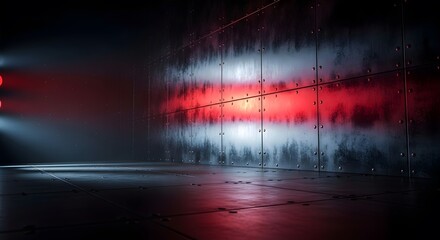Metallic textured walls with red glowing lights reflection