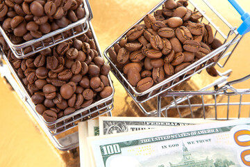 A shiny gold background hosts a cart of coffee beans and $100 bills, merging ideas of luxury, money, and the profitable coffee trade.