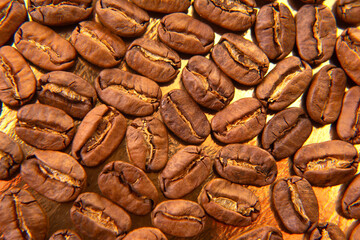 Close-up of roasted coffee beans on a golden tray, showcasing rich brown hues and natural splits, perfect for coffee-related content
