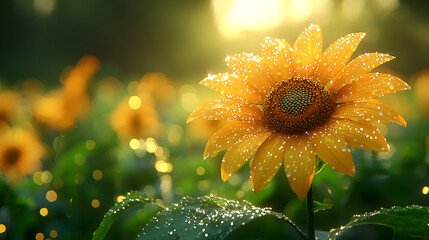 Golden sunflower glistening with morning dew in warm sunlight, evoking a feeling of hope and natural beauty.