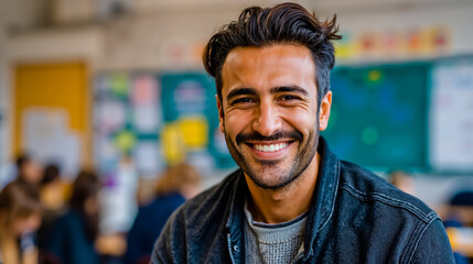 Fototapeta premium A man with a beard and mustache is smiling at the camera