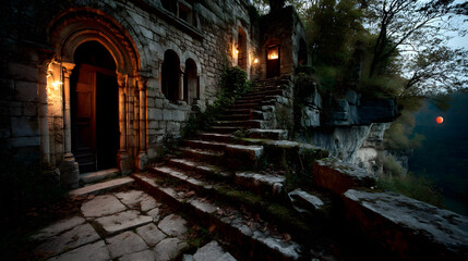 Fototapeta premium Mysterious ancient stone staircase leading to a dimly lit, weathered building on a cliffside at dusk.