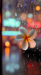A flower with droplets of water on it seen through a window with city lights in the background