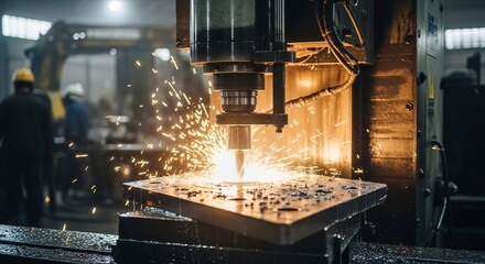 A machine is cutting a piece of metal with sparks flying. The scene is industrial and the workers are wearing safety gear