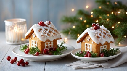 Two gingerbread houses with berries on top of them are on a white plate. The houses are decorated with frosting and berries, and they are placed on a wooden table