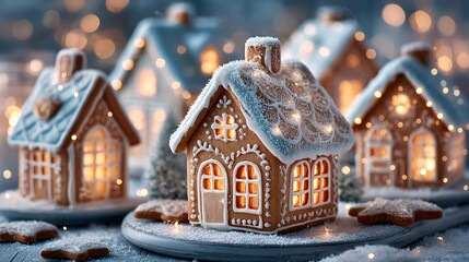 A row of gingerbread houses with lights on top. The houses are decorated with frosting and have windows