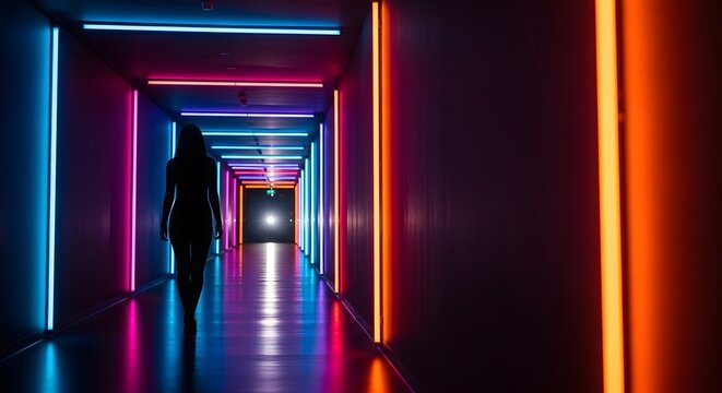 Woman silhouette walking in neon light corridor