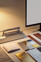 Obraz premium Close-up of a designer desk with color swatches, metal tools, and a monitor