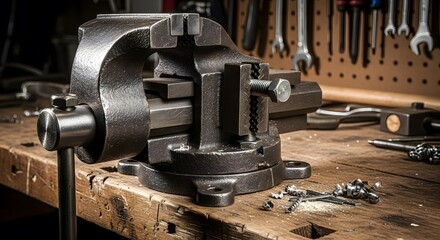 Steel metal vice in workshop 