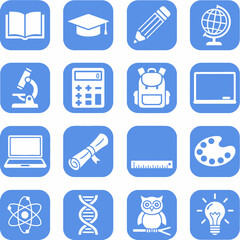 Naklejka premium A collection of flat design icons representing various school subjects and learning concepts.