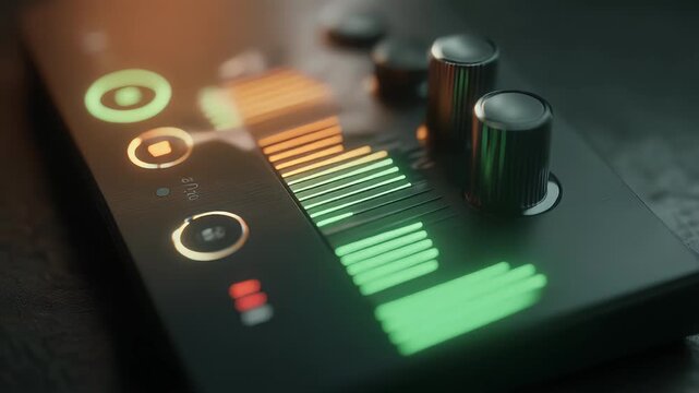 Close Up Of Digital Audio Mixer With Colorful Light Meters And Control Knobs Glowing