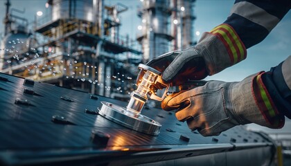 Close-up of a worker's gloved hands performing maintenance on industrial equipment at a large refinery or chemical plant.