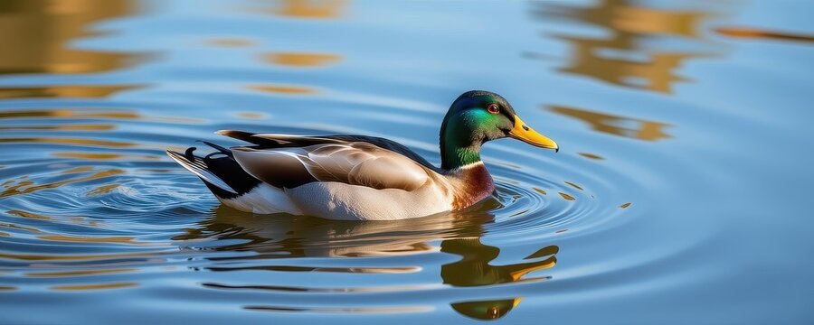 A mallard duck gracefully touches down on a calm lake, ripples spreading outwards, motion, nature