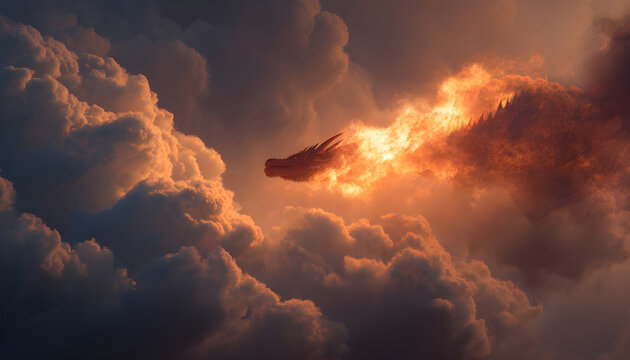 dragon engulfed in flames against a backdrop of dramatic clouds. This image can be used to depict power, destruction, or fantasy.