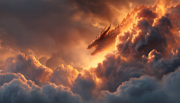 dragon engulfed in flames against a backdrop of dramatic clouds. This image can be used to depict power, destruction, or fantasy.
