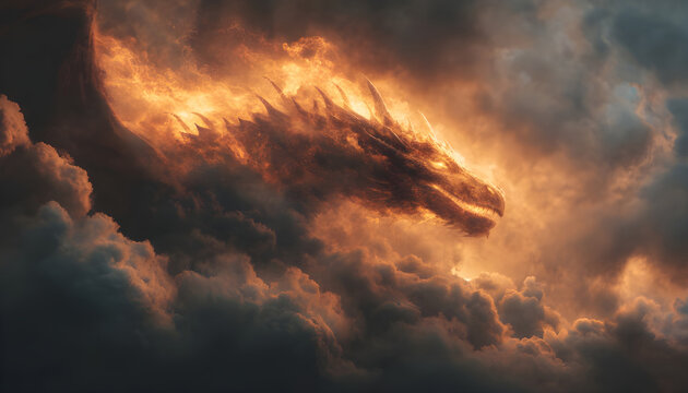 dragon engulfed in flames against a backdrop of dramatic clouds. This image can be used to depict power, destruction, or fantasy.