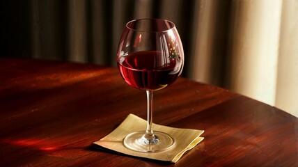 Crimson wine glass with reflection on a wooden table