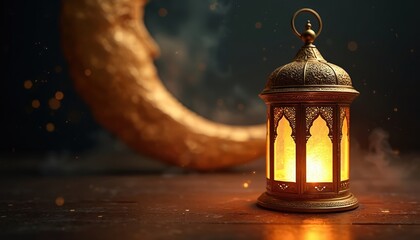 Gold lantern on wooden surface with crescent moon. Arabic lamp glows with light. Islamic muslim holiday ramadan kareem decoration. Celebration of eid mubarak festival. Spiritual religious event for