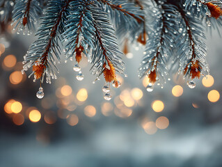 Delicate water droplets cling to frosty pine needles with soft bokeh lights in the background.