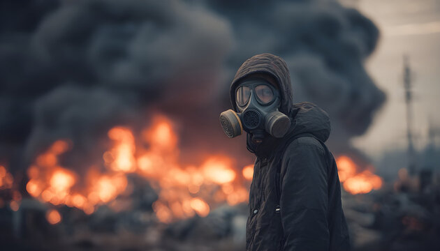 A man is seen wearing a gas mask while standing in front of a fire. This image can be used to depict environmental disasters, industrial accidents, or emergency situations