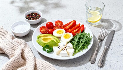 Bruschetta with sliced avocado, poached egg and salted salmon.