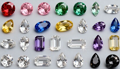 Set of color round and oval gemstones isolated on white background