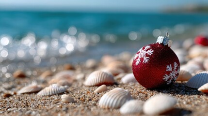 Naklejka premium Red Christmas Ornament on Sandy Beach with Sea Shells