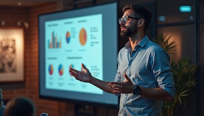Speaker presents business analytics data on large screen during professional meeting. Explains various charts, graphs to engaged audience. Male presenter shares important information, discussing