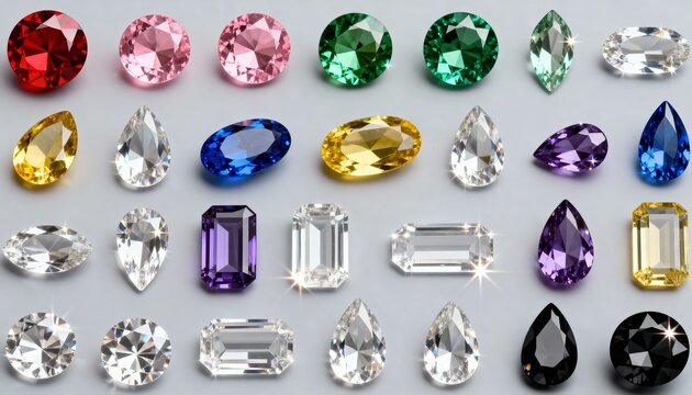 Set of color round and oval gemstones isolated on white background