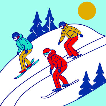 Tres personas bajan una colina nevada esquiando con trajes coloridos bajo el sol brillante, rodeados de &aacute;rboles oscuros y cielo azul.
