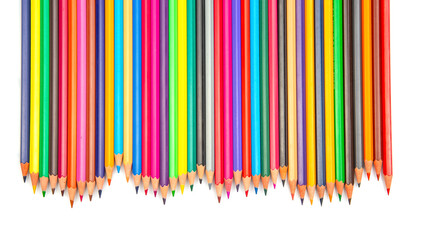 A row of vibrant colored pencils on a white background, ideal for art, education, and design themes with a colorful and dynamic appeal.
