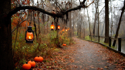 Warm lanterns illuminate a misty autumn path lined with colorful fallen leaves and pumpkins.