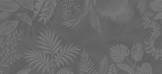 Gray background with palm trees and leaves. Hand drawn. Not AI, vector illustration.