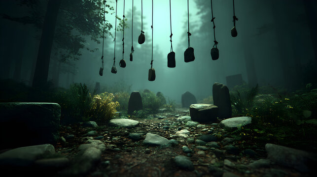 Mysterious forest path with hanging stones and ancient grave markers - Powered by Adobe