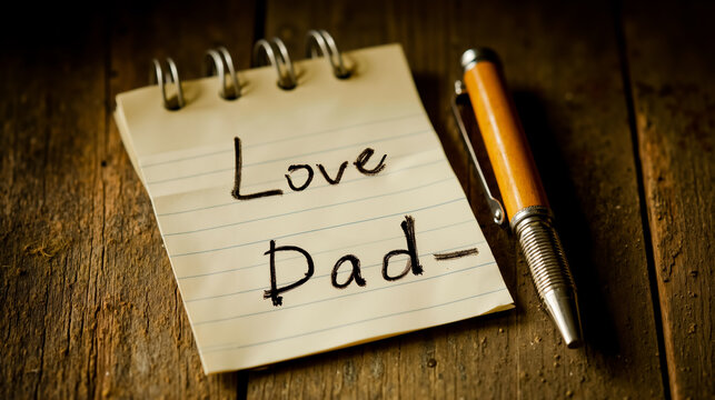 A note with the words Love Dad written on it accompanied by a pen