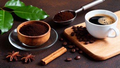 A top-down shot captures a coffee-themed still life. In the foreground, cinnamon stick.
