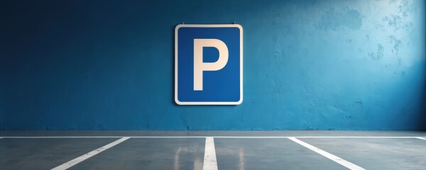 Blue wall with parking sign and white lines on concrete floor. Represents parking lot space for vehicles. Clear signage guides drivers for car storage.