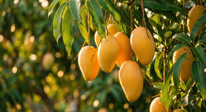 Ripe yellow mangoes hanging on tree branch in sunny fruit orchard
 - Powered by Adobe