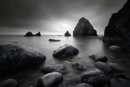 long exposure seascape shows basalt rocks and silky water