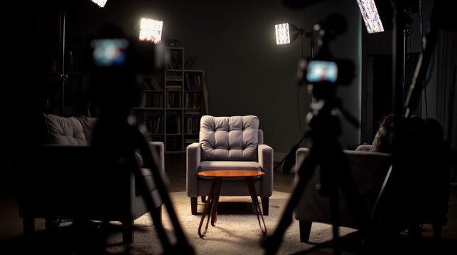 A dimly lit room with a chair and a table with cameras and lights set up for filming
