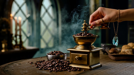 A hand is pouring coffee beans into a gold-colored coffee grinder