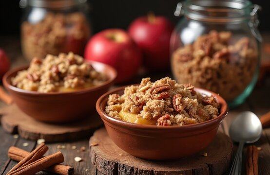 Delicious apple crisp dessert served in two ceramic bowls. Crunchy crumble topping with pecans adorns bowl. Fresh red apples, cinnamon sticks, spoon sit on rustic wooden table. Perfect fall comfort