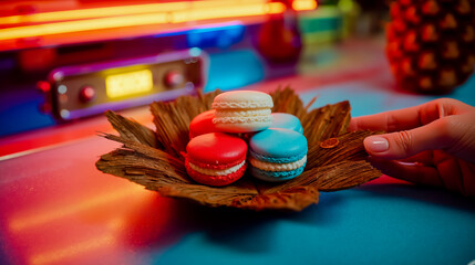 A hand is reaching for a small bowl of macarons