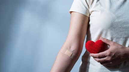 Person holding red knitted heart with bandage on arm
