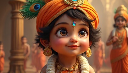 Cute Bal Krishna child god wears orange turban with peacock feather. Adorable Hindu boy smiles, dressed in gold jewelry. Another child figure in background.