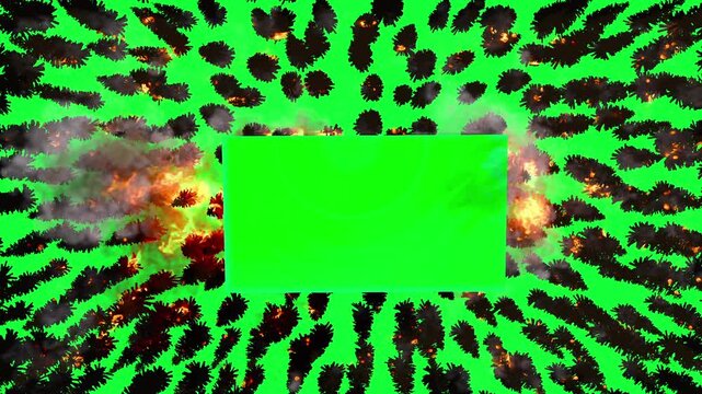 Burning forest with green screen rectangle on Green Screen

dynamic fiery forest engulfed in flames surrounding a bright green screen rectangle, rendered on Green Screen with full green screen backgro
